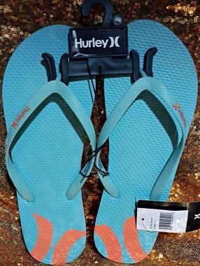 Hurley Teal and Coral Logo Flip Flops